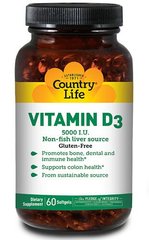 Витамин Д3 (холекальциферол), Vitamin D3, Country Life, 5000 МЕ, 60 капсул - фото