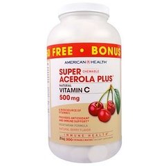 Витамин С жевательный (ацерола), Super Chewable Acerola Plus, American Health, ягоды, 500 мг, 300 жевательных конфет - фото