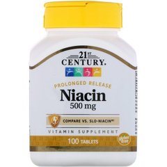 Витамин В3 (ниацин), Niacin, 21st Century, медленное высвобождение, 500 мг, 100 таблеток - фото