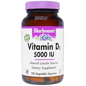 Вітамін D3 (холекальциферол), Vitamin D3, Bluebonnet Nutrition, 5000 МО, 120 капсул - фото