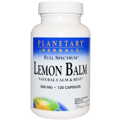 Мелисса, полный спектр, Lemon Balm, Planetary Herbals, 500 мг, 120 капсул - фото