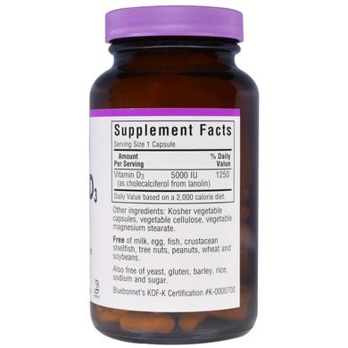 Витамин D3 (холекальциферол), Vitamin D3, Bluebonnet Nutrition, 5000 МЕ, 120 капсул - фото
