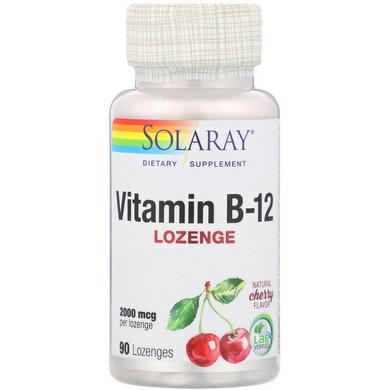 Вітамін В-12, Vitamin B-12, Solaray, без цукру, смак вишні, 2000 мкг, 90 льодяників - фото