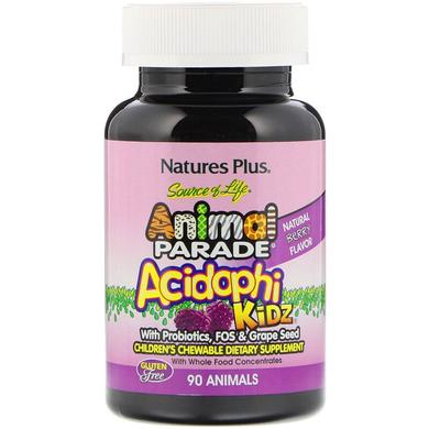 Пробиотики для детей, AcidophiKidz, Nature's Plus, Source of Life Animal Parade, ягодный вкус, 90 животных - фото
