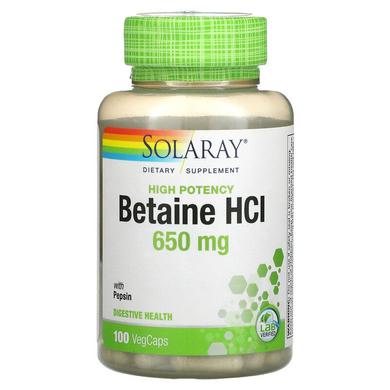 Бетаин HCl + пепсин, HCL with Pepsin, Solaray, 650 мг, 100 капсул - фото