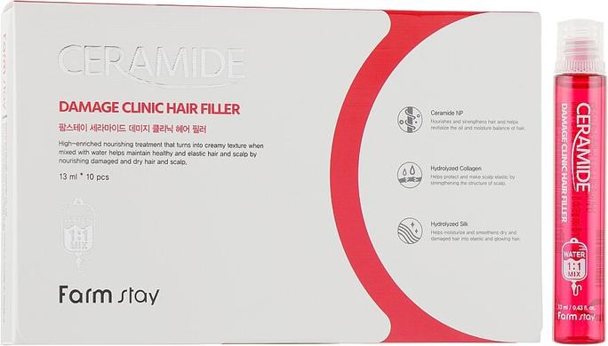 Увлажняющий филлер с керамидами для волос, Ceramide Damage Clinic Hair Filler, FarmStay, 10 х 13 мл - фото