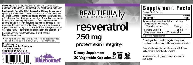 Ресвератрол, Resveratrol Beautiful Ally, Bluebonnet Nutrition, 250 мг, 30 рослинних капсул - фото