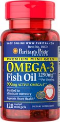 Омега-3 рыбий жир, Omega-3 Fish Oil, Puritan's Pride, 1290 мг (450 активного омега-3), 120 капсул - фото