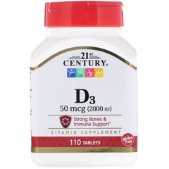 Витамин Д3, Vitamin D3, 21st Century, 2000 МЕ, 110 таблеток - фото