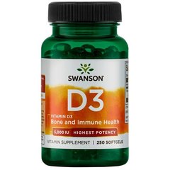 Витамин Д3, Vitamin D3, Swanson, 5000 МЕ, 250 гелевых капсул - фото