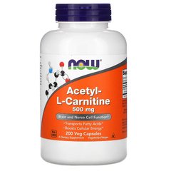 Now Foods, ацетил-L-карнитин, 500 мг, 200 вегетарианских капсул (NOW-00084) - фото