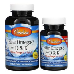 Элитная Омега-3, Elite Omega-3 Plus D&K, Carlson Labs, вкус лимона, 60 + 30 (бесплатно) гелевых капсул - фото