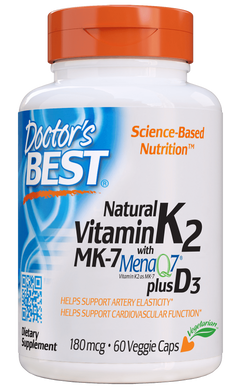 Натуральный витамин K2 MK-7 с MenaQ7 и витамином Д3, Natural Vitamin K2 MK-7 with MenaQ7 plus Vitamin D3, 180 мкг, Doctor's Best, 60 капсул - фото