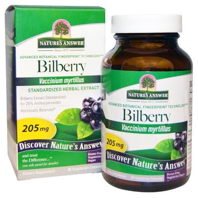 Черника экстракт, Bilberry, Nature's Answer, стандартизированный, 205 мг, 90 вегетарианских капсул - фото