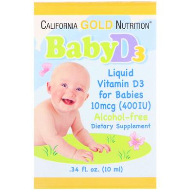 Вітамін Д-3 для дітей, Baby Vitamin D3, California Gold Nutrition, в краплях, 400 МО (10 мкг), 10 мл - фото