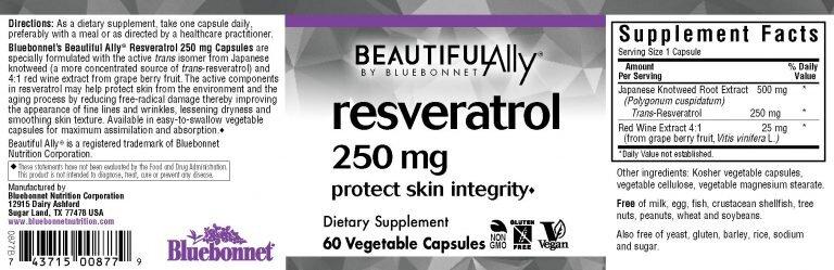 Ресвератрол, Resveratrol Beautiful Ally, Bluebonnet Nutrition, 250 мг, 60 растительных капсул - фото