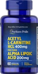Ацетил-L-карнитин с альфа-липоевой кислотой, Acetyl L-Carnitine with Alpha Lipoic Acid, Puritan's Pride, 400 мг / 200 мг, 60 капсул - фото