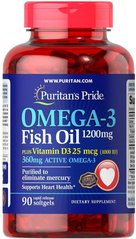 Омега-3 рыбий жир + витамин Д3, Omega-3 Fish Oil of Vitamin D3, Puritan's Pride, 1200/1000 МЕ, 90 капсул - фото