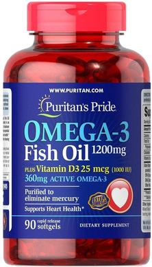Омега-3 риб'ячий жир + вітамін Д3, Omega-3 Fish Oil of Vitamin D3, Puritan's Pride, 1200/1000 МО, 90 капсул - фото