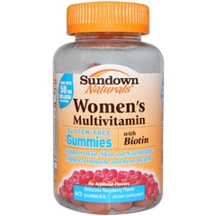 Мультивітаміни з біотином для жінок, Women's Multivitamin Gummies, Sundown Naturals, смак малини, 60 жувальних цукерок - фото