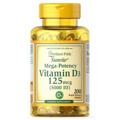 Витамин Д3, Vitamin D3, Puritan's Pride, 5000 МЕ, 200 капсул - фото