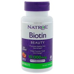 Біотин, Biotin, Natrol, полуниця, 10000 мкг, 60 таблеток - фото