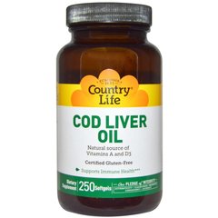 Риб'ячий жир з печінки тріски, Cod Liver Oil, Country Life, 250 капсул - фото