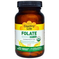 Фолат, Folate, Country Life, апельсиновый вкус, 800 мкг, 100 жевательных вафель - фото
