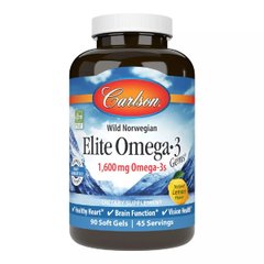 Carlson Labs, Elite Omega-3 Gems, добірні омега-3 кислоти, натуральний лимонний смак, 800 мг, 90 м'яких таблеток (CAR-01711) - фото
