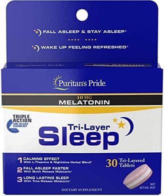 Комплекс для сна с Мелатонин и Теанином, Tri-Layer Sleep, Puritan's Pride, 30 таблеток - фото