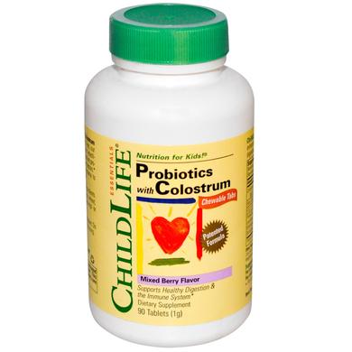 Пробиотики с молозивом, Probiotics with Colostrum, ChildLife, ягоды, 90 жевательных таблеток - фото