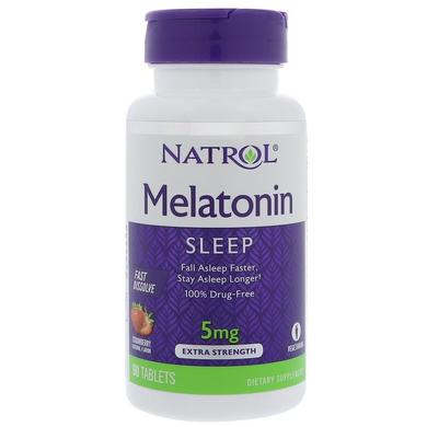Мелатонін, Melatonin, Natrol, швидкорозчинний, смак полуниці, 5 мг, 90 таблеток - фото