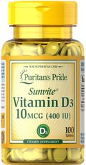 Витамин Д3, Vitamin D3, Puritan's Pride, 400 МЕ, 100 таблеток - фото