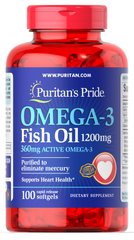 Омега-3 рыбий жир, Omega-3 Fish Oil, Puritan's Pride, 1200 мг, 360 мг активного, 100 капсул - фото