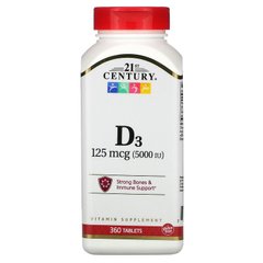 Витамин Д3, Vitamin D3, 21st Century, 125 мкг (5000 МЕ), 360 таблеток - фото