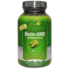 Биотин с экстрактом бамбука, Biotin-6000, Irwin Naturals, 60 гелевых капсул - фото