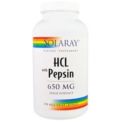 Бетаин HCl + пепсин, HCL with Pepsin, Solaray, 650 мг, 250 капсул - фото