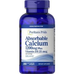 Кальций и витамин Д3, Absorbable Calcium with Vitamin D3, Puritan's Pride, 1200 мг/1000 МЕ, 200 гелевых капсул - фото