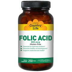 Фолиевая кислота, Folic Acid, Country Life, 800 мкг, 250 таблеток - фото