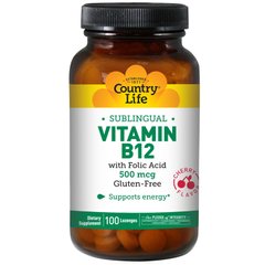 Витамин В-12 и фолиевая кислота, Vitamin B12, Country Life, 500 мкг, вкус вишни, 100 леденцов - фото