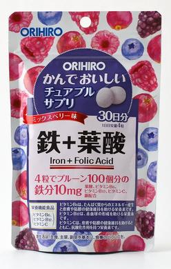 Комплексна добавка Залізо та Фолієва кислота 60г, Orihiro, смак ягоды, 120 таблеток - фото