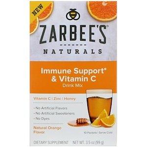 Поддержка иммунитета с витамином С, Immune Support & Vitamin C, Zarbee's, напиток со вкусом апельсина, 10 пакетов по 9,9 г - фото