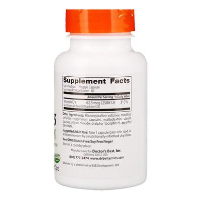 Растительный Витамин D3 2500IU, Doctors Best, 60 гелевых капсул - фото