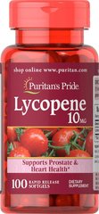 Ликопин, Lycopene, Puritan's Pride, 10 мг, 100 гелевых капсул быстрого высвобождения - фото