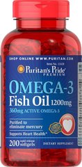 Рыбий жир Омега-3, Omega-3 Fish Oil, Puritan's Pride, 1200 мг, 360 мг активного, 200 капсул - фото