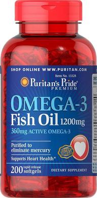 Рыбий жир Омега-3, Omega-3 Fish Oil, Puritan's Pride, 1200 мг, 360 мг активного, 200 капсул - фото