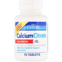 Кальций + Д3, Calcium Citrate + D3, 21st Century, 75 таблеток - фото