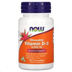 Витамин Д3, Vitamin D-3, Now Foods, мята, 5000 МЕ, 120 жевательных таблеток - фото