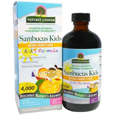 Бузина для детей формула, Sambucus Kid's Formula, Nature's Answer, апельсин, 4,000 мг, 240 мл - фото