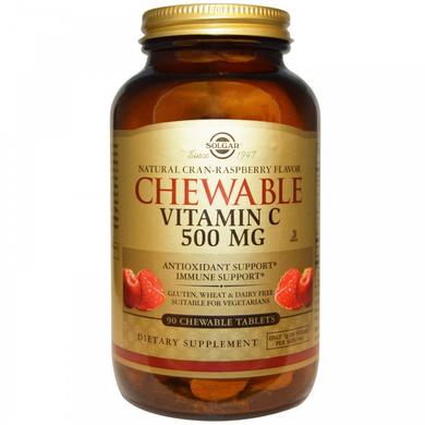 Витамин С жевательный, Chewable Vitamin C, Solgar, малина, 500 мг, 90 таблеток - фото